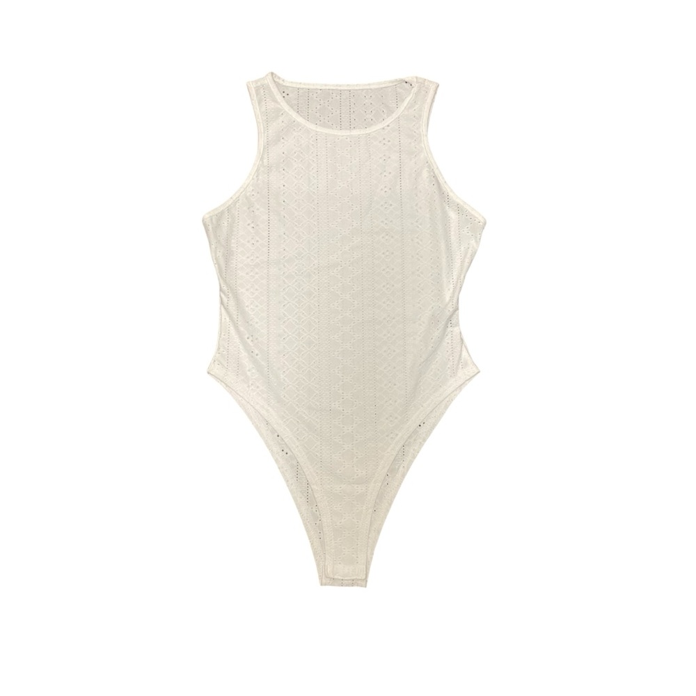 SHEIN Shein Women's Peep Hole Solid White Tank 3 Piece Snap Bodysuit Sz L